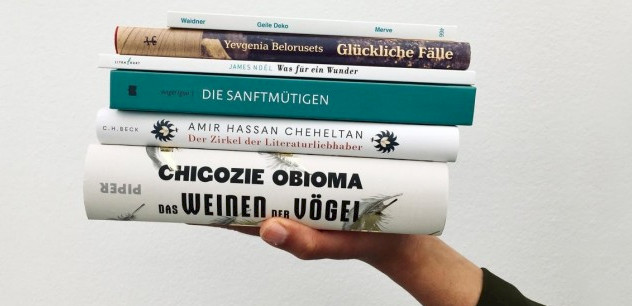 Die sechs ausgezeichneten Bücher auf einem Stapel